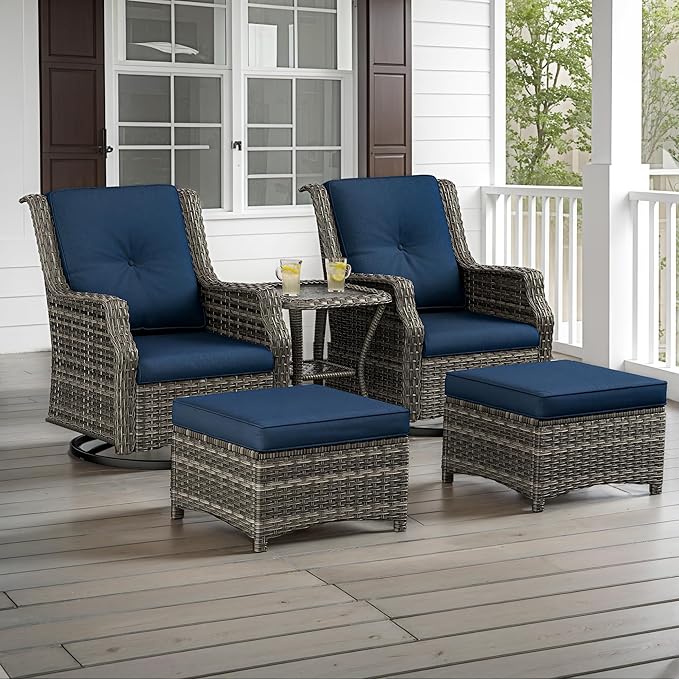 5 Piece Patio Furniture Wicker Conversation Set, 2 Swivel Chairs, 2 Ottomans with 1 Side Table, for Outdoors, Backyard, Deck, Navy