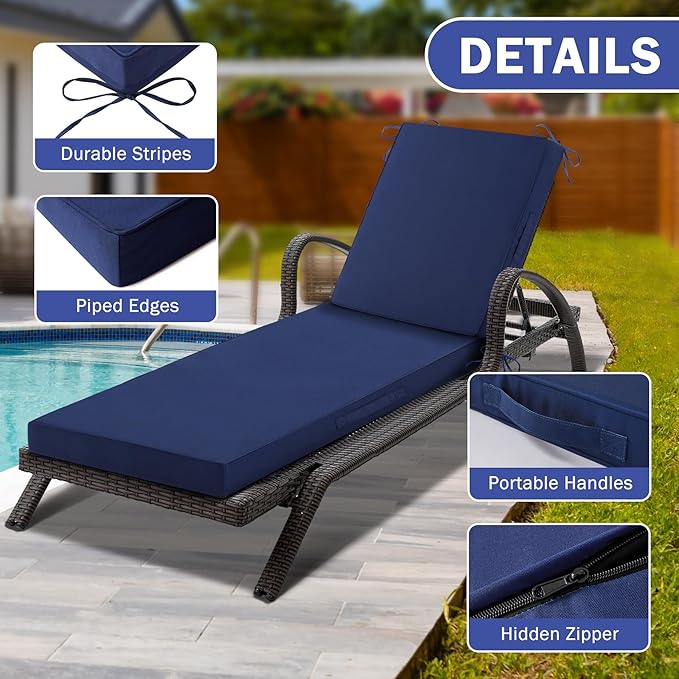 Chaise Lounge Cushions Outdoor, Waterproof Lounge Chair Cushion, 72x 21x 3 Inch Outdoor Chair Cushions with Ties, High-Density Foam Patio Lounge Chair Pads for Lawn, Pool & Beach, Navy
