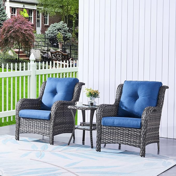 HUMMUH Outdoor Wicker Patio Chairs Set of 2 PE Rattan Patio Seating Chairs High Back Curved Armrest Porch Chairs with 4 inch Seat Cushions