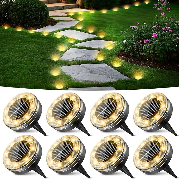 Peasur Mini Solar Ground Lights, 8 Pack Flat Solar Disc Lights Outdoor Waterproof, 2.3 Inch Small Solar Garden Lights Landscape Lighting for Outside Pathway Garden Yard Lawn Walkway,Warm White
