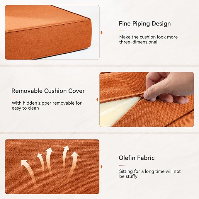 Luxury 6" Outdoor Cushions for Patio Furniture, 24x24x6" Thick Seat Cushion Set of 3, Fade Resistant Couch Chair Replacement Cushions High Density Deep Wicker Chair Cushion w/ Removable Cover, Orange