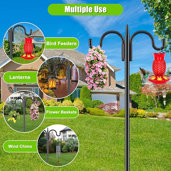 Gtongoko Bird Feeder Pole for Outdoors Heavy Duty, 2 Pack 92 Inch Double Shepherds Hook with 5-Prong Stable Base, 3/4 Inch Thick Hummingbird Feeder Stand for Hanging Plants, Lanterns