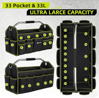 20in Foldable Open Top Tool Bags For Men Heavy Duty, Tool Carrier hard With Handle, Wide Mouth Electrician Tool Tote, Many Pockets Can Hold Many Tool, Green