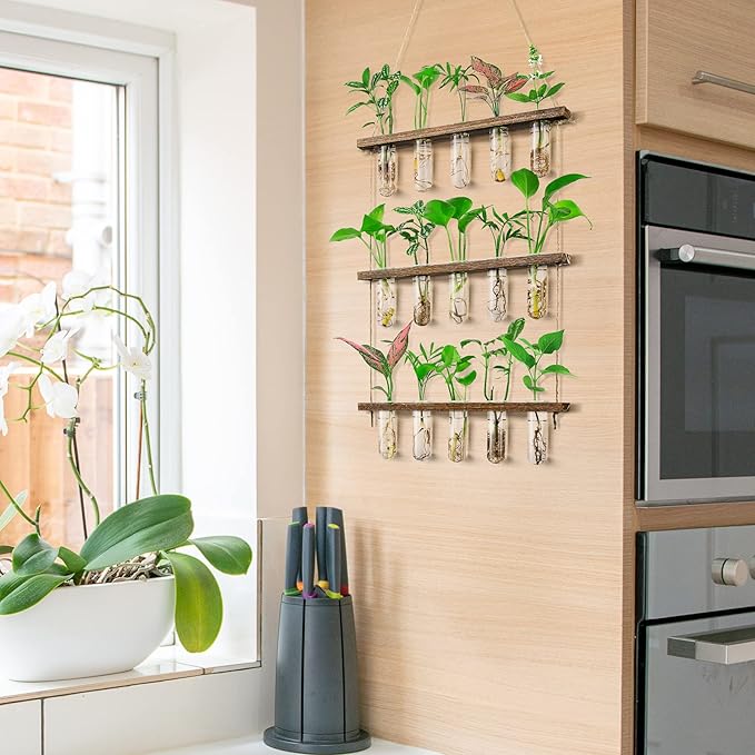 Monsiter QE 3 Tier Large Propagation Stations Wall Hanging Plant Terrarium with Wooden Stand, Retro Propagation Test Tube for Hydroponic Plants Cutting Flower, Propagator Home Office Patio Decor Gifts
