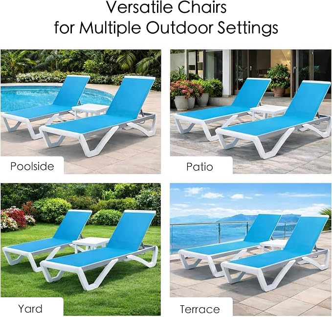 Kozyard Outdoor Chaise Lounge Chair Set Fully Flat Adjustable Patio Lounger | Aluminum Frame, Resin Legs, Textilene Fabric for Poolside, Backyard, Beach, Aqua, Chair + Table