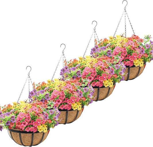 4 Pack 12 Inch Hanging Planters for Outdoor Plants Metal Hanging Planter Basket with Coco Coir Liner Round Plant Black Flat Iron Metal Flower Pots for Deck Patio Porch Garden Balcony