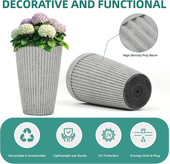 20" Resin Planters for Plants Tall Large Flower Pots Set of 2 Heavy-Duty Garden Pot Handmade Fluted Texture Weather-Resistant for Year Round Indoor Outdoor use, Vintage Gray