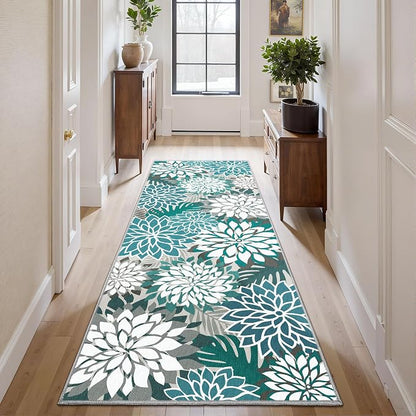 Colorful 2x6 Washable Runner Rug for Hallway Tropical Botanical Modern Floral Chenille Kitchen Rugs Low Pile Non Slip Carpet for Patio, Bedroom, Laundry, Teal