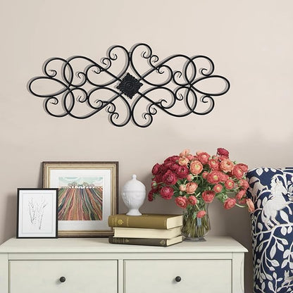 Sintosin Black Wrought Iron Wall Decor 32" x 13", Hanging Flower Scroll Metal Wall Art Decor, Living Room Wall Decor, Vintage House Decorations for Indoor Outdoor Fireplace Bedroom