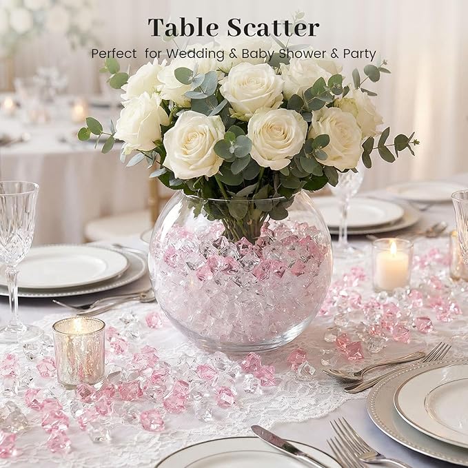 DomeStar Fake Ice, 150PCS Acrylic Fake Diamonds Vase Fillers Pink and Transparent Rocks Plastic Gems for Party Table Scatter Decor
