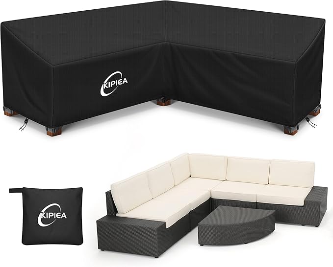 Kipiea Patio V-Shaped Sectional Sofa Cover, 420D Heavy-Duty Oxford Fabric Outdoor Sectional Cover with 6 Windproof Buckles, Anti UV and No Tears, No Fading (98"/98" L x 33.5" D x 31" H) Black