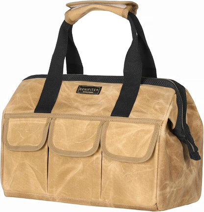 Tool Bag, 15-inch Heavy Duty Wide Mouth Water-Resistant Tool Pouch, Tool Tote with Handle for Tools, Wrenches, Screwdrivers (15 X 7.8 X 11.5 inch) | Khaki