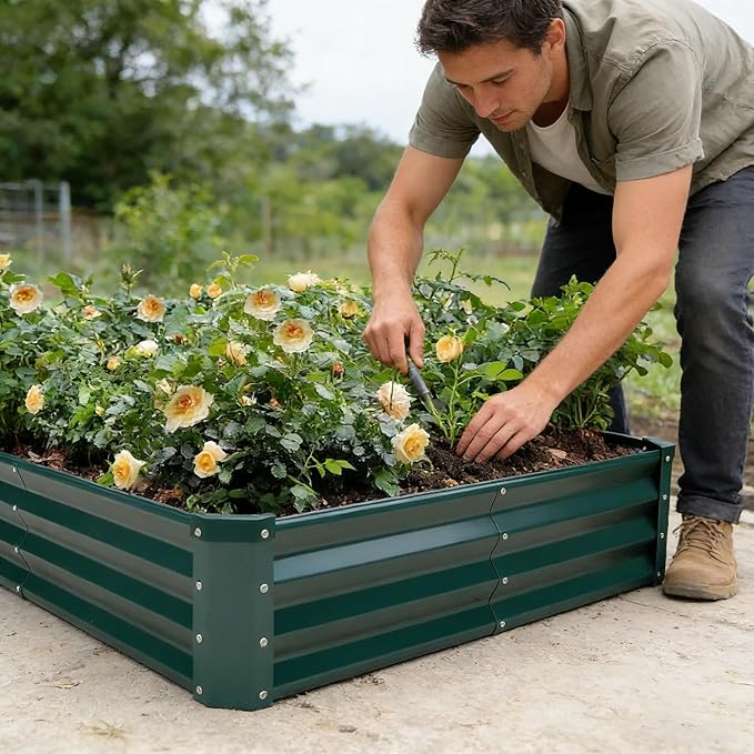 GARDMAX 8x4x1FT Galvanized Raised Garden Bed Kit, Metal Planter Boxes Outdoor with Easy Assembly, Large Garden Bed for Vegetables, Fruits, Flower, Herbs Rectangle Dark Green