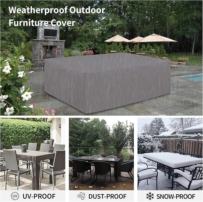 Easy-Going 600D Heavy Duty Patio Furniture Cover for Outdoor Rectangular Table and Chair Set, Waterproof Outdoor Sectional Set Cover (111"L x 74"W x 28"H, Grey)