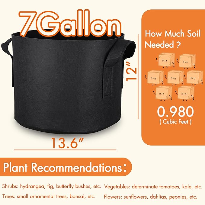 Gardzen 6-Pack 7 Gallon Grow Bags, 300G Thickened Nonwoven Fabric Pots with Handles, Heavy Duty Aeration Plant Bags for Gardening and Container Growing