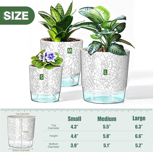 3 Pack Self Watering Pots for Indoor Plants, 4+5.5+6.3 Inch Self Watering Plant Pots, Flower Pots with Wick Rope and Reservoir - Crack Texture