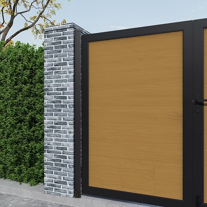 Wood Plastic Privacy Double Fence Gate 6ft(H) x 8ft(W), Metal Frame with Knob Kits, Durable Composite Outdoor Gate,Yellow Teak