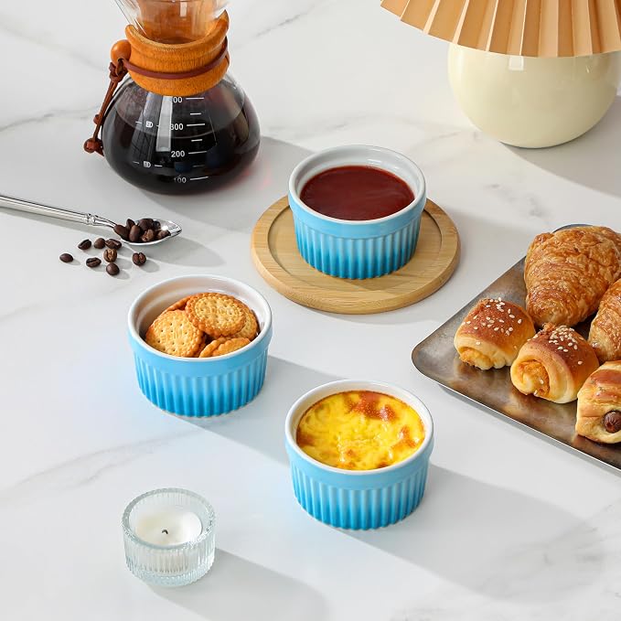 MALACASA Ramekins 4 oz Oven Safe, Small Ceramic Souffle Dishes for Creme Brulee Souffle, Stoneware Custard Cups Ramiken for Baking, Baking Bowls Dipping Sauce Dish Set of 6, Blue, Series RAMEKIN-DISH