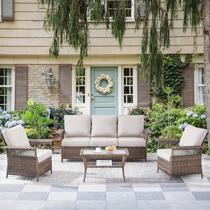 Patio Furniture Set 2 Wicker Patio Chairs 1 Sofa with PE Rattan Coffee Table Brown Wicker Beige Cushions Patio Conversation Set 4pcs for Garden Balcony Sunroom Backyard
