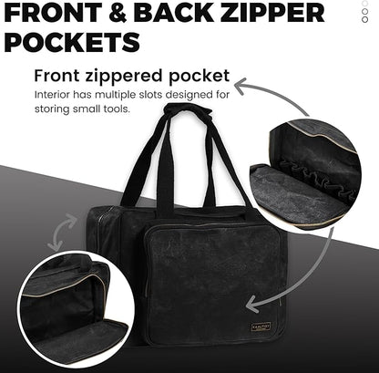 Canvas Tote Bag, 16OZ Waxed Canvas Tool Bag Organizer - 1 Large Capacity & 2 Zipper Pouches - Multipurpose Garden Tote, Tool Storage Tote for Horticulturist Contractor Plumber Electrician - Black