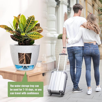 UOUZ Large Self Watering Pots, 12/10/9 Plastic Planters with High Drainage Holes and Deep Reservoir for Indoor Outdoor Garden Plants and Flowers, White Speckles