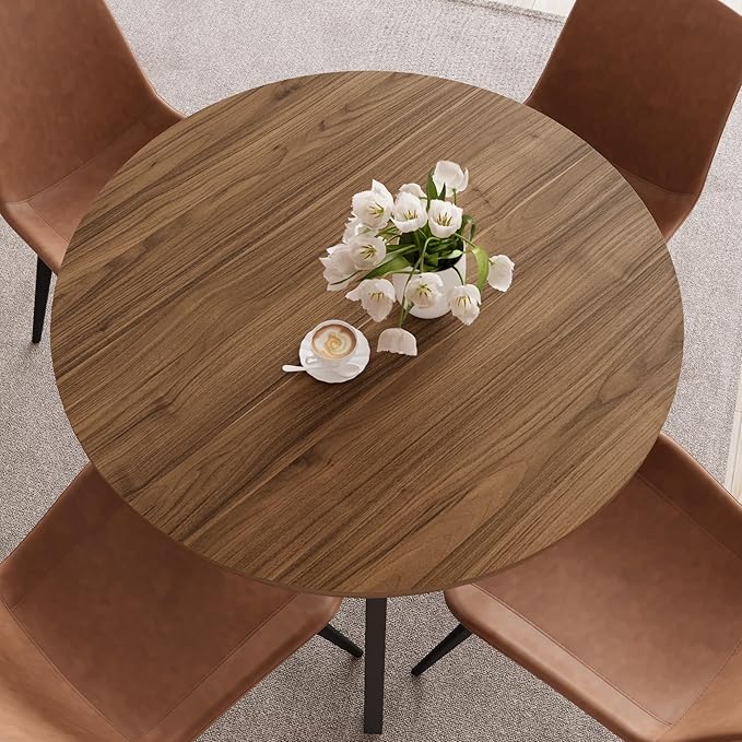 34.6'' Dining Table and Chairs for 2, Mid Century Modern Round Table Set, Space Saving for Apartment Kitchen Dining Room (Walnut Table+2 Brown Chairs)