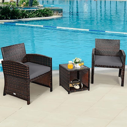 COSTWAY 3 Pieces Patio Furniture Sets, Outdoor Rattan Conversation Set with Tempered Glass Tabletop and Soft Cushion, Wicker Cushioned Chair Sofa for Backyard, Porch, Poolside, Lawn, Gray