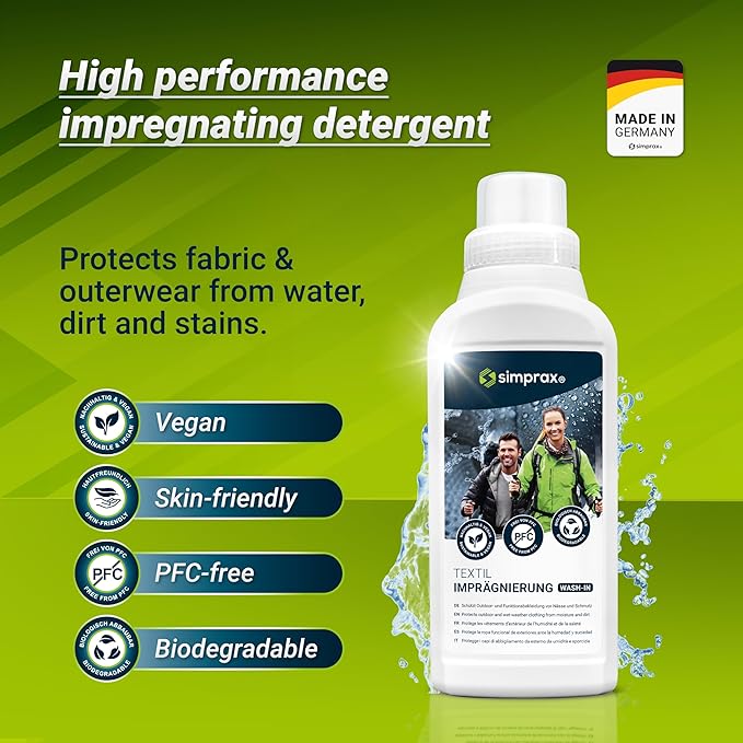 simprax® WaterproofingTextile Wash-In Impregnation – Climate-Neutral & Eco-Friendly Waterproofing for Fabric Outdoor Made In Germany | Waterproofing Spray for Washing Machine & Hand Wash