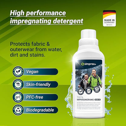 simprax® WaterproofingTextile Wash-In Impregnation – Climate-Neutral & Eco-Friendly Waterproofing for Fabric Outdoor Made In Germany | Waterproofing Spray for Washing Machine & Hand Wash