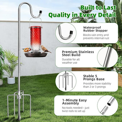COCONUT Shepherds Hook, 62 Inches Shepherds Hook with 5 Prongs Base Stainless Steel Adjustable Garden Hanging Holder for Bird Feeders Lanterns Planting Hanger Weddings Decor, Silver