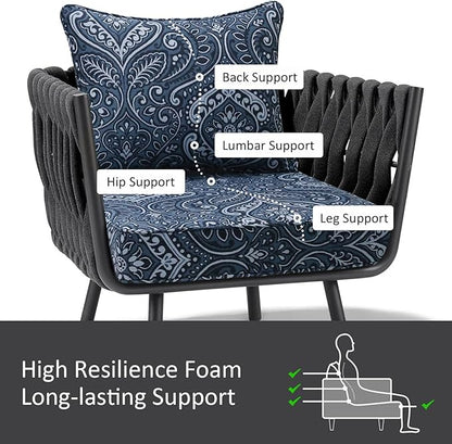 Outdoor Patio Chair Cushions Set, 24" x 24", Set of 2, Water-Repellent, Fade Resistant, Deep Seat Bottom and Back Cushion for Backyard, Couch, Sofa and Patio Furniture, Damask Blue Flower