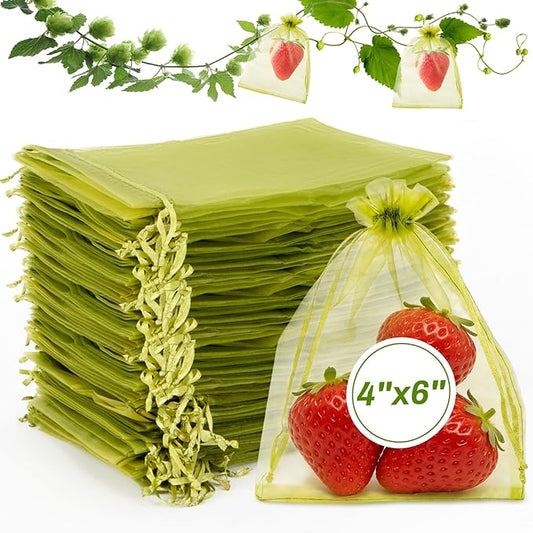 Sukh 100PCS Fruit Protection Bags - 4"x6" Fruit Cover for Fruit Tree Netting Fruit Nets to Protect Tomato Grape Mesh Fruit Organza Bags Green Net Produce Bag for Fruits & Vegetables Reusable