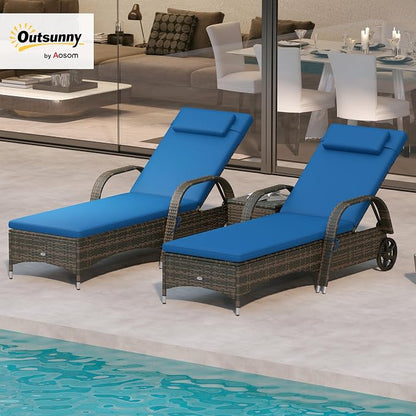 Outsunny Wicker Outdoor Chaise Lounge Chair Set of 3 with Side Table, 5-Level Adjustable Backrest PE Rattan Pool Lounge Chair with Wheels, Cushion & Headrest, Brown and Gray