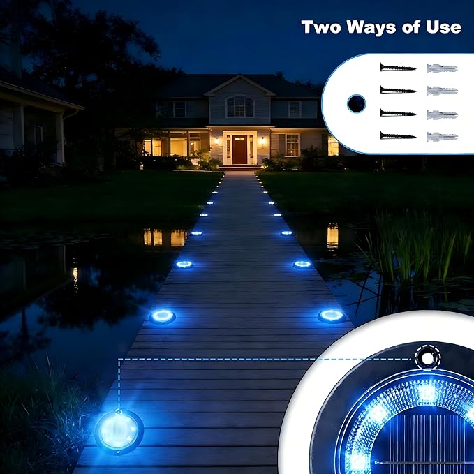 Flacchi Solar Lights Outdoor Waterproof - 2-in-1 Solar Powered Ground Lights Outdoor Solar Disk Light Landscape Light for Deck Step Patio Yard Pathway Walkway Driveway Garden (Blue, 12 Pack)