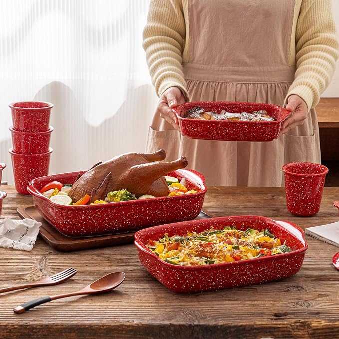 3-Pack Ceramic Lasagna Pan,Heavy-Duty Rectangular Baking Dishes, High Heat Resistant Oven-Safe Stoneware Casserole with Handles,Home Baking,Speckle Series(13.8''/12''/9.6'' Red)