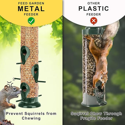 FEED GARDEN Metal Bird Feeder - 6 Port Tube Feeder for Outdoors, Heavy Duty Squirrel Proof with Metal Lid, Easy Fill & Clean, Weather Resistant, 13 Inch