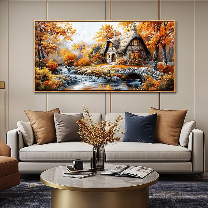QIYILEXWART Large Wall Decor For Living Room Canvas Wall Art For Office Modern Wall Decorations For Bedroom Autumn Cottage River Landscape Painting Farmhouse Pictures Artwork Room Home Decor 24x48