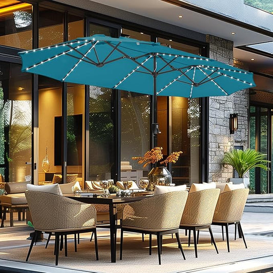 GREEN PARTY 13 ft Rectangle Patio Umbrella with Solar Lights, Double-Sided Market Table Umbrella with Crank, Large Outdoor Umbrellas for Patio Poolside Garden Backyard, Cerulean