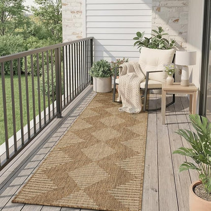 MontVoo-2x8 ft Indoor Outdoor Runner Rugs for Entryway Porch Hallway Kitchen Door Entrance Long, Textured Weave Polypropylene, Durable for High Traffic, Fade-Resistant, Boho Geometric Neutral Brown