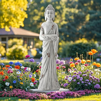 42" Extra-Large Buddha Outdoor Statue with Birdfeeder, Tall Zen Medtative Buddha Figures, Durable Weatherproof MGO Sculpture for Garden, Patio, Yard, Porch or Indoor Home Decor