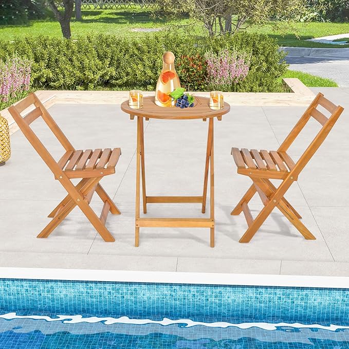 HAPPYGRILL Folding Patio Bistro Set Wood Chair Table Set with Slatted Acacia Wood Seat & Tabletop, Cozy High Back Chairs with Table, Outdoor Dining Set for Backyard, Poolside