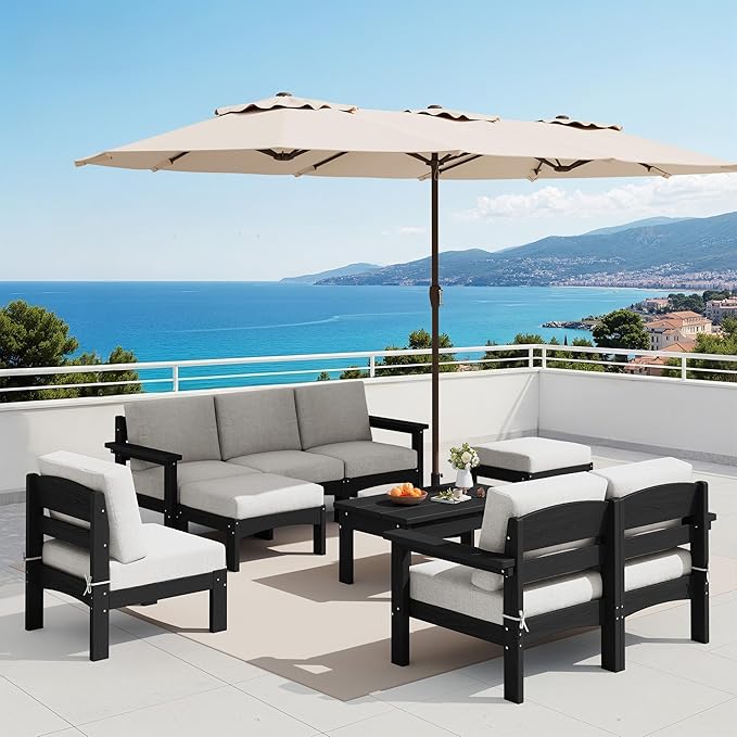 SERWALL 9 Pieces Patio Furniture Set with 15FT Double Side Patio Umbrella, HDPE Outdoor Sectional Sofas, Outdoor Couch Set, Large Modular Conversation Set for Garden, Black Frame with Khaki Cushion