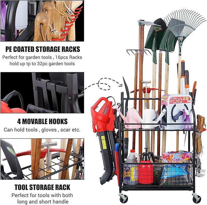 Mythinglogic 3 Golf Bags Storage Organizer-Extra Large Size Fits 3 Full Size Golf Bags,Garden Tool Organizer for Garage-Yard Tool Racks with Wheels