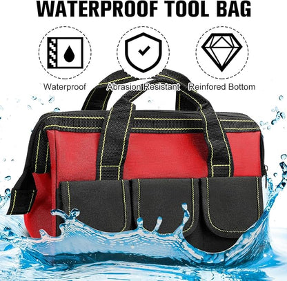 Sanwuta 3 Pack Tool Bag for Men with Waterproof Hard Bottom, Heavy Duty Tool Bag Wide Mouth Tote for Various Instrument, Electrician Carpenter Mechanic(Red, Army Green, Yellow,13 Inch,Classic)