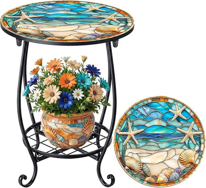 Cinnvoice Outdoor Side Table Round Small Mosaic Patio Accent Indoor End Plant Coffee Tea Table for Yard Patio Porch Garden Living Room, Bedroom(Beach Starfish Style,14 Inch)