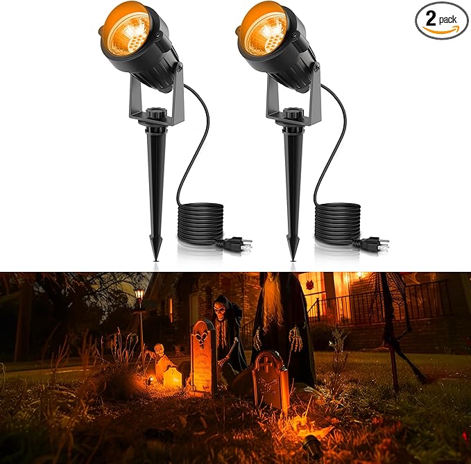 L LOHAS LED Orange Halloween Spot Lights Outdoor, 10W Dusk to Dawn Sensor Landscape Spotlights for Yard, IP66 Waterproof Pathway Outside Lights, 9.84-ft Cord, Orange Lawn Decor Lamp, UL Listed,2 Pack