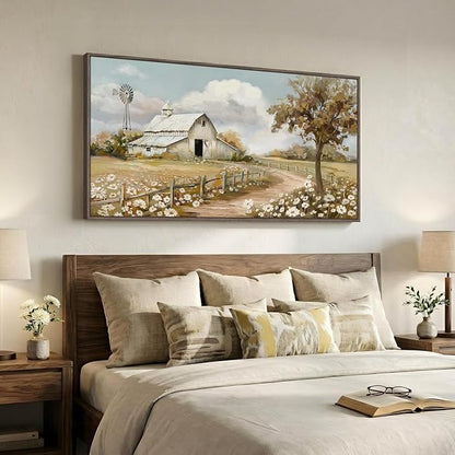 Large Framed Farmhouse Wall Art for Living Room, Vintage Rustic White Barn Canvas Prints, Country Floral Landscape Wall Decor for Bedroom Dining Room Hallway 30x60 Inch