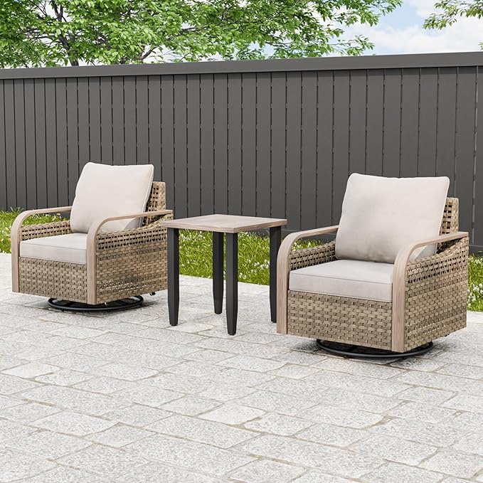 Modern Wicker Bistro Table and Chairs Set, Rattan Outdoor Bistro Set for Patio, Wicker Patio Swivel Rocking Chairs & Table, 3 Pieces, Brown/Gray