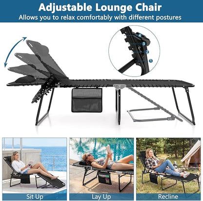 COSTWAY Folding Chaise Lounge Chair, Foldable Pool Lounger with 4-Position Adjustable Backrest, 2-Position Footrest & Soft Pillow, Patio Tanning Chair for Beach, Poolside (1, Black)