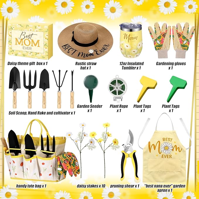 Lasnten 16 Pcs Mothers Day Garden Gift for Mom Women Dasiy Gardening Supplies Birthday Garden Tools Set from Daughters Gloves Apron Insulation Cup Fork Trowel Tote Bags for Planter Present